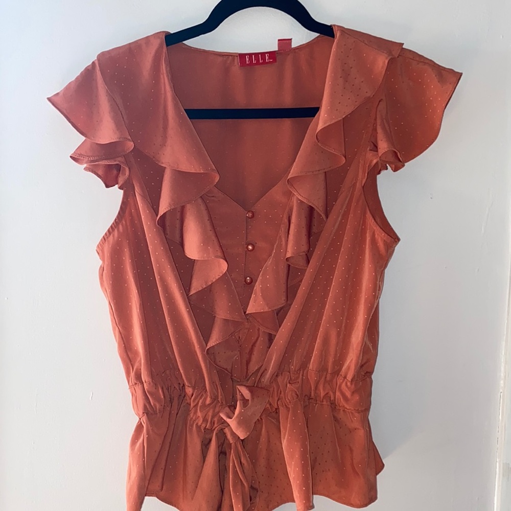 Elle women’s ruffle orange blouse with dot print size large wrap tie